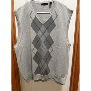 Van Heusen Studio Mens XXL Grey Argyle Cotton V-Neck Sweater Vest Preppy Knit